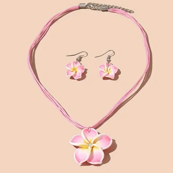 Tropical Pink Plumeria Flower Necklace & Earring Set - Picture 4 of 4